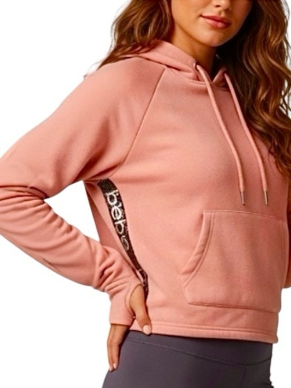 Bebe Sport Blush Salmon Sequin Logo Hoodie XL Fleece Lined Thumb Hole Sweatshirt